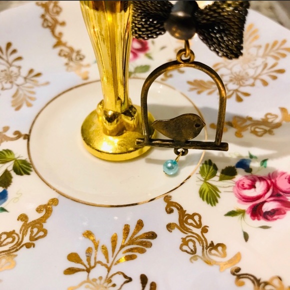 Bird ribbon bow blue antique bronze necklace - Picture 4 of 5